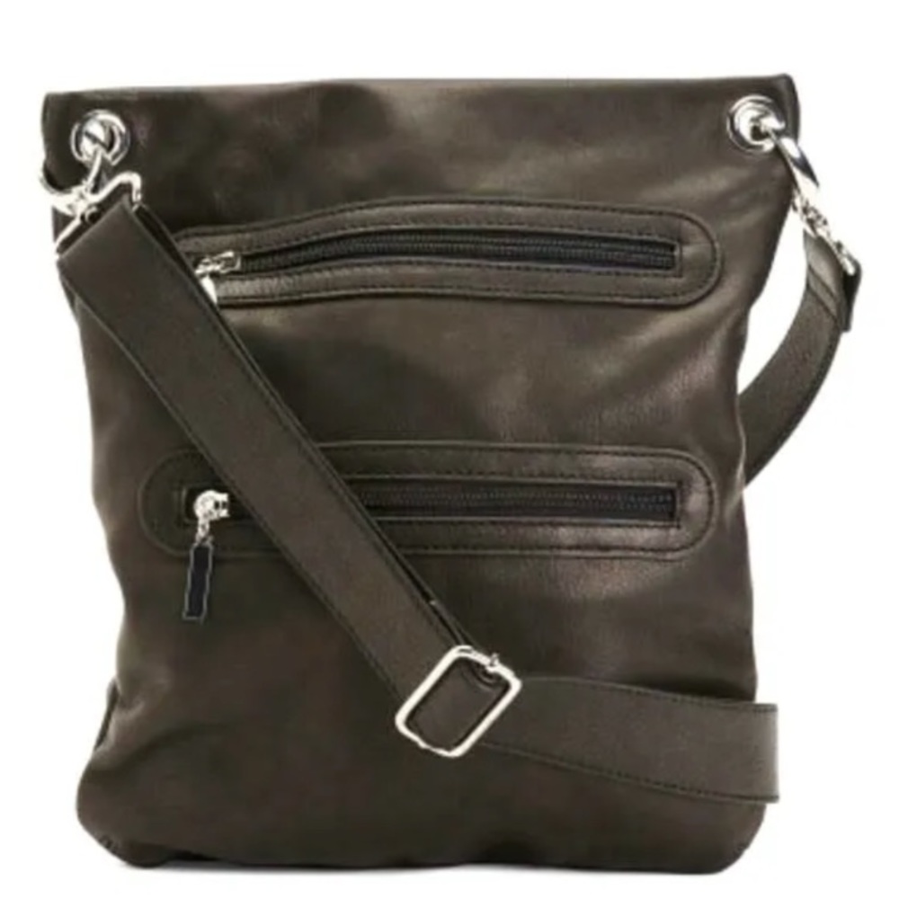 Margot New York Slim Soft Leather Crossbody Bag Black Double Front Zip front